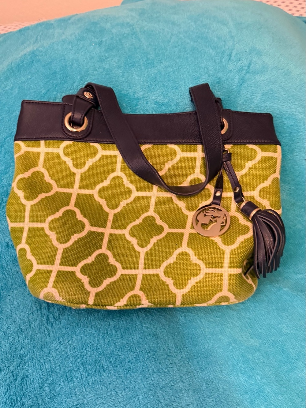 Spartina 449 Olive Green and Cream Geometric Shoulder Tote with Black Trim